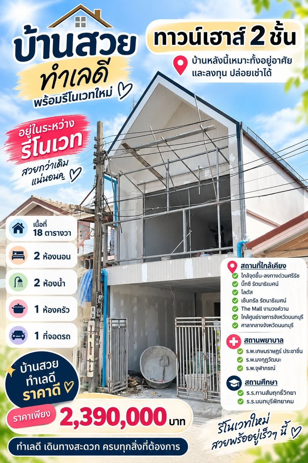 🏡 ทาวน์เฮ้าส์ 2 ชั้น รีโนเวทใหม่ "ซอย ทรายทอง 15" ใกล้ BTS สามัคคี-แคราย | ราคา 2.49 ล้านบาท